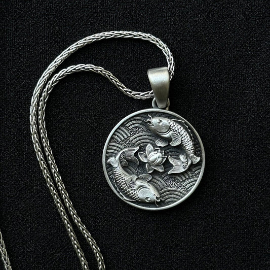 Sterling Silver Koi Fish, Yin and Yang, Lotus Necklace, Lucky Fish Necklace, Koi Jewelry, Pisces Necklace, Men's Necklace - Handmade