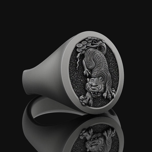 Asian Tiger In Nature Oval Signet Ring For Men, Wild Cat Mens Pinky Ring in Sterling Silver, Animal Ring For Boyfriend