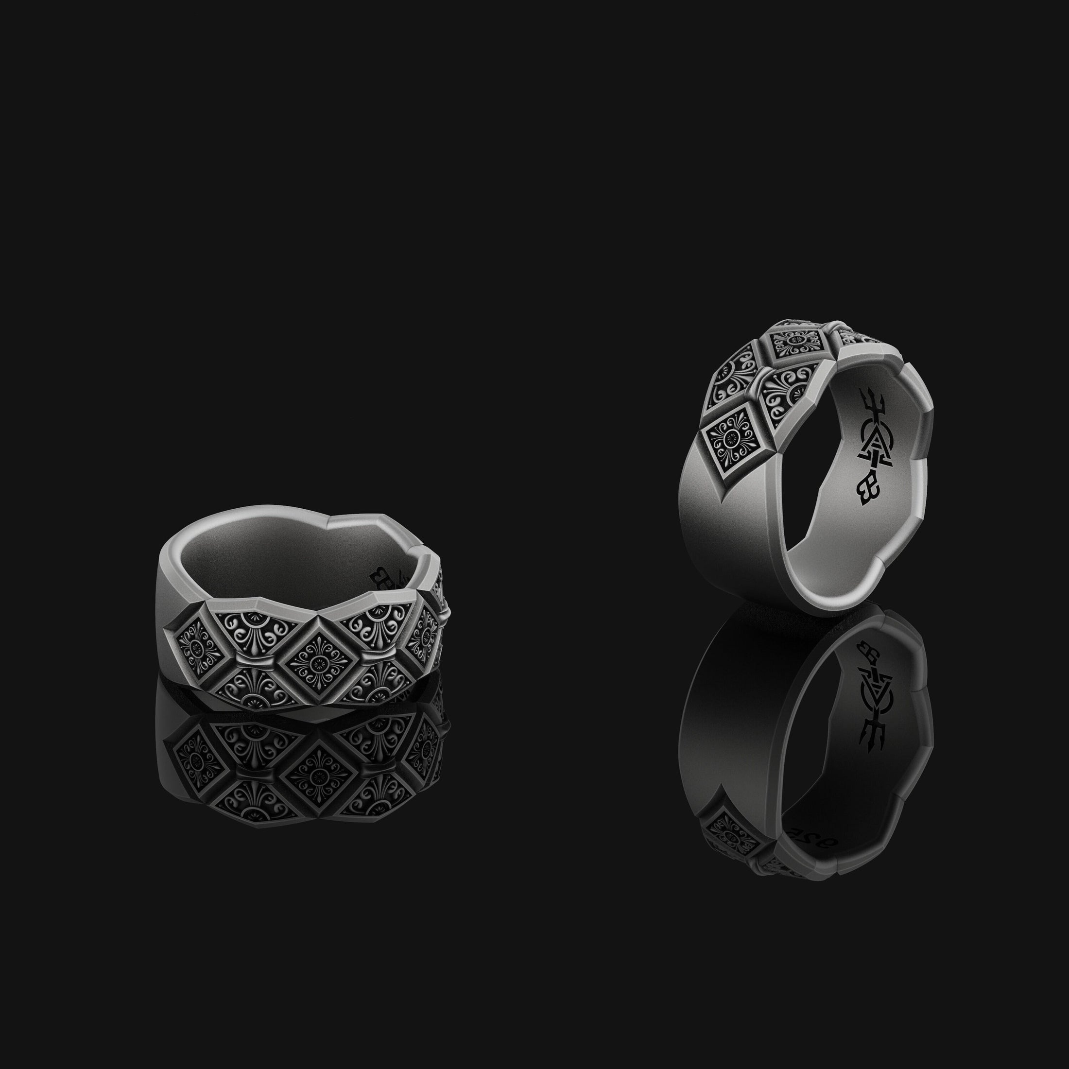 Silver Floral Geometric Wedding Band, Sterling Silver, Anniversary Ring, Birthday Gift, Engagement Ring, Men's Wedding Band