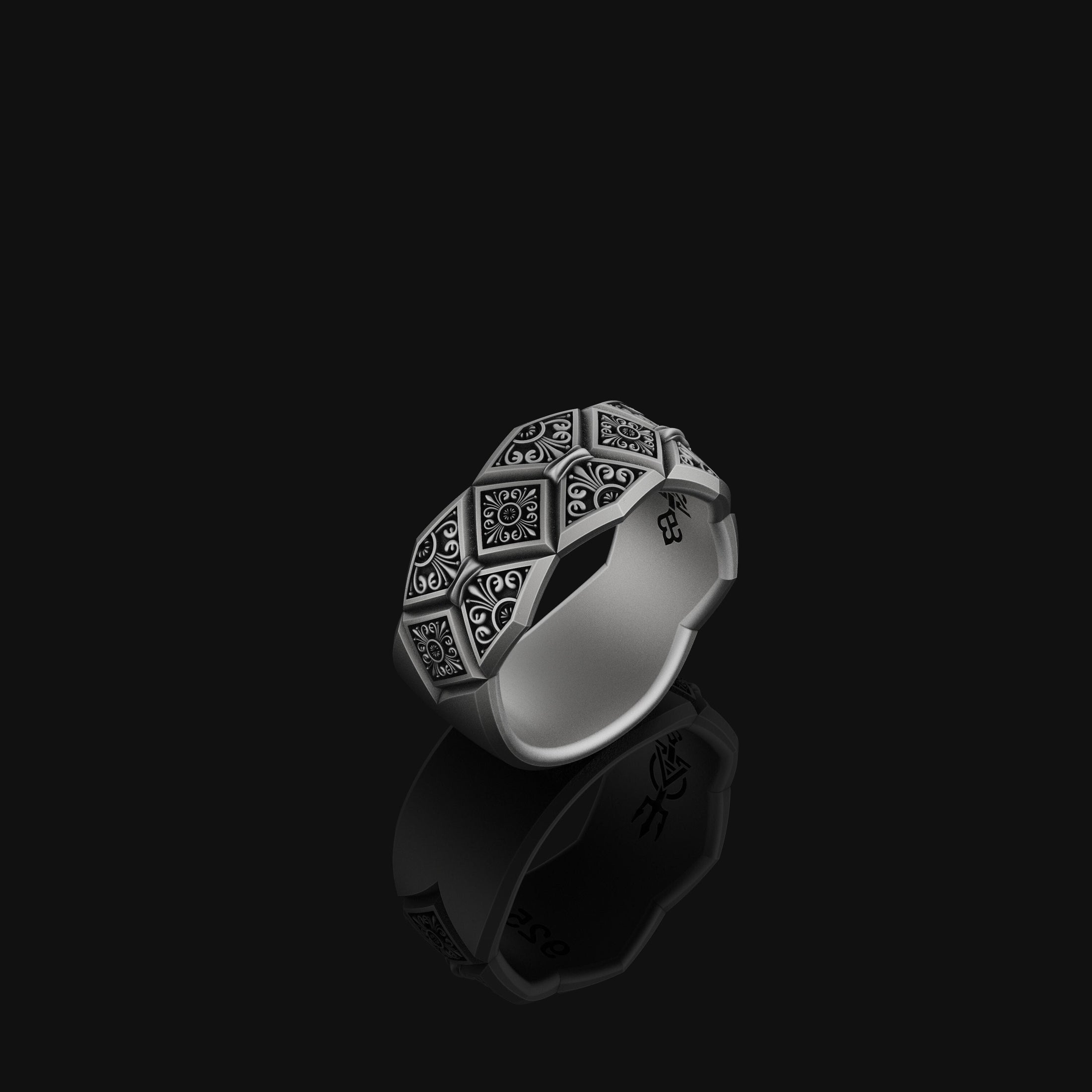 Silver Floral Geometric Wedding Band, Sterling Silver, Anniversary Ring, Birthday Gift, Engagement Ring, Men's Wedding Band