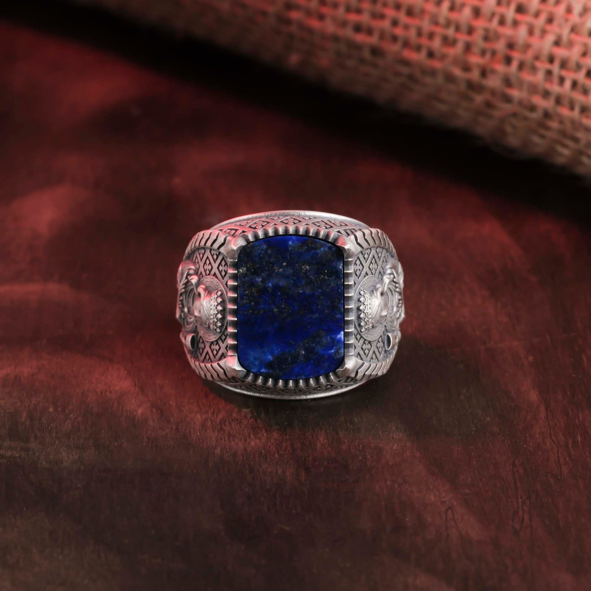 Holy Mother Mary Ring, Men's Gemstone Ring, Religious Gift, Onyx Ring, Red Agate Ring, Tiger's Eye Ring, Lapis Lazuli Ring