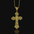 Load image into Gallery viewer, Chicano, Tattoo Style, Roses, Pattern, Skull, Cross, Pendant, Roses Pattern Pendant, Chicano Skull Cross, Tattoo Cross Pendant Gold Matte