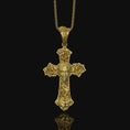 Load image into Gallery viewer, Chicano, Tattoo Style, Roses, Pattern, Skull, Cross, Pendant, Roses Pattern Pendant, Chicano Skull Cross, Tattoo Cross Pendant Gold Finish