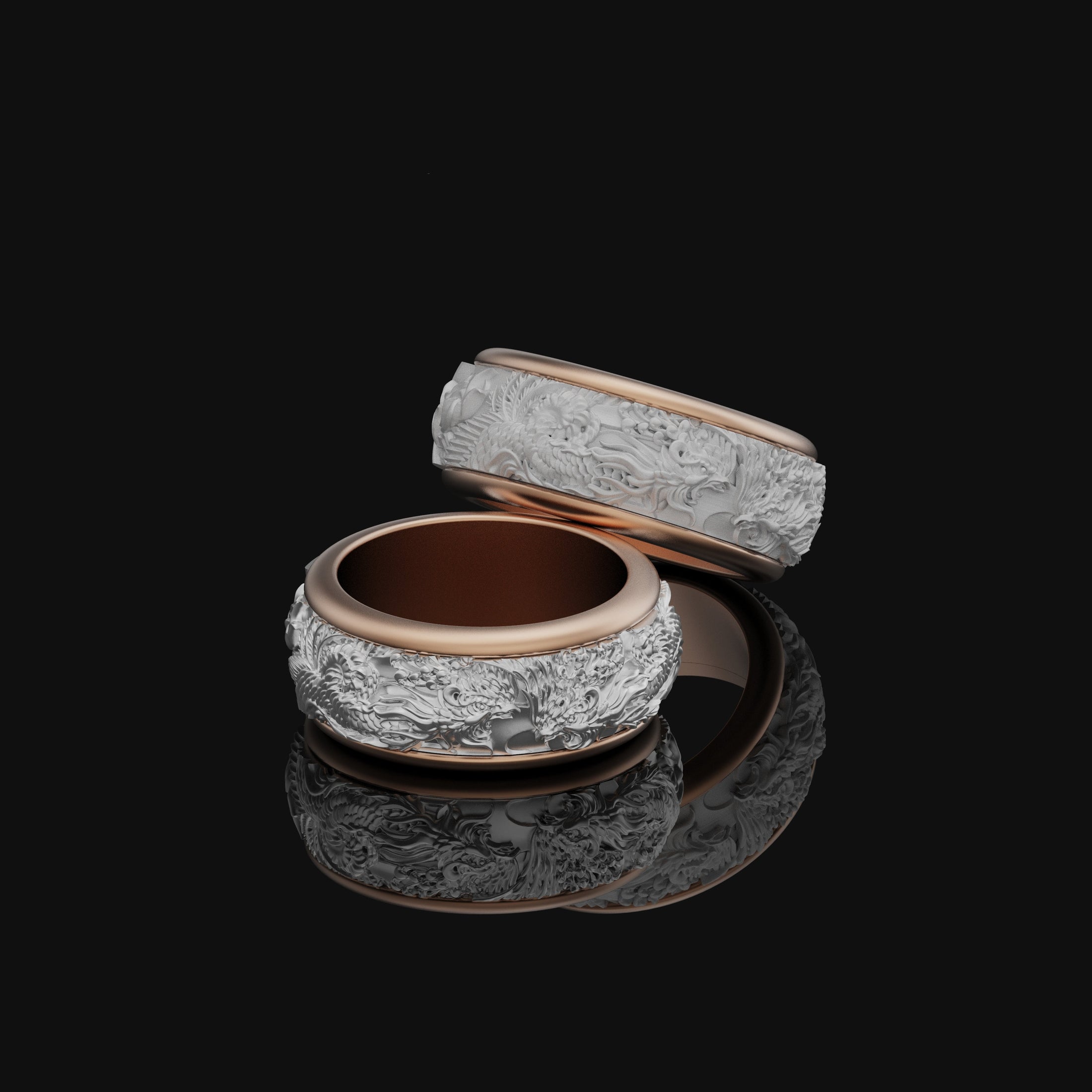 Phoenix Engraved Rotating Wedding Band Ring - Customizable Polished, Gold, Rose Gold, Matte Finishes, Engraving, Personalized Gift