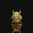 Load image into Gallery viewer, Silver Dead Oni Ring, Half-Breed Oni-Hannya Design, Japanese Skull Ring, Unique Yokai Inspired Jewelry, Cultural Mythology Piece Gold Finish