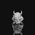 Load image into Gallery viewer, Silver Dead Oni Ring, Half-Breed Oni-Hannya Design, Japanese Skull Ring, Unique Yokai Inspired Jewelry, Cultural Mythology Piece Polished Finish