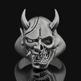 Load image into Gallery viewer, Silver Dead Oni Ring, Half-Breed Oni-Hannya Design, Japanese Skull Ring, Unique Yokai Inspired Jewelry, Cultural Mythology Piece Oxidized Finish