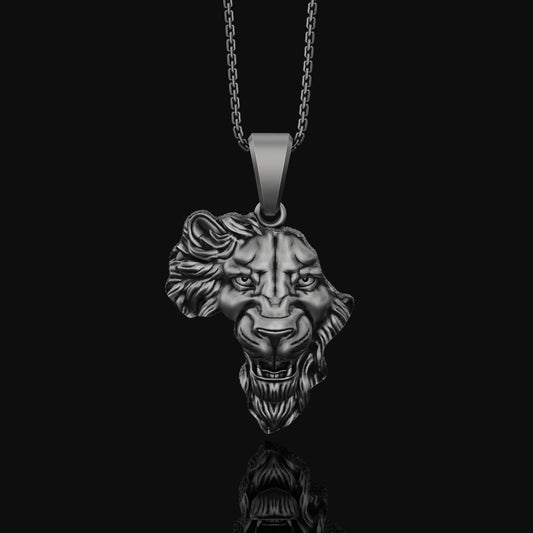 Silver Africa Continent Shaped Lion Head Necklace - Majestic Safari Style Pendant, Elegant Wildlife African Pride Jewelry Oxidized Finish
