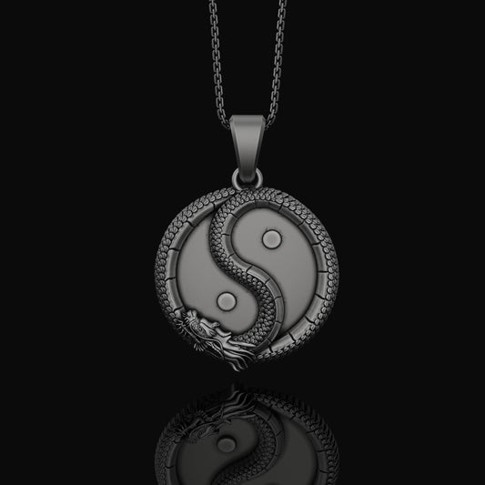 Silver Jade Dragon Yin Yang Pendant - Oriental Harmony Balance, Mystic Taoist Necklace, Spiritual Zen Dragon Eastern Jewelry