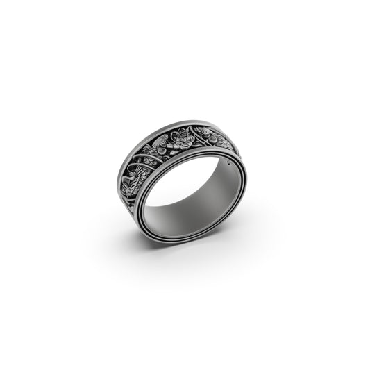 Koi Fish, Pisces Engagement Men's Ring, Japanese Fish Nature Inspired Ring, Engraved Men's Engagement Ring For Dad Birthday Gift