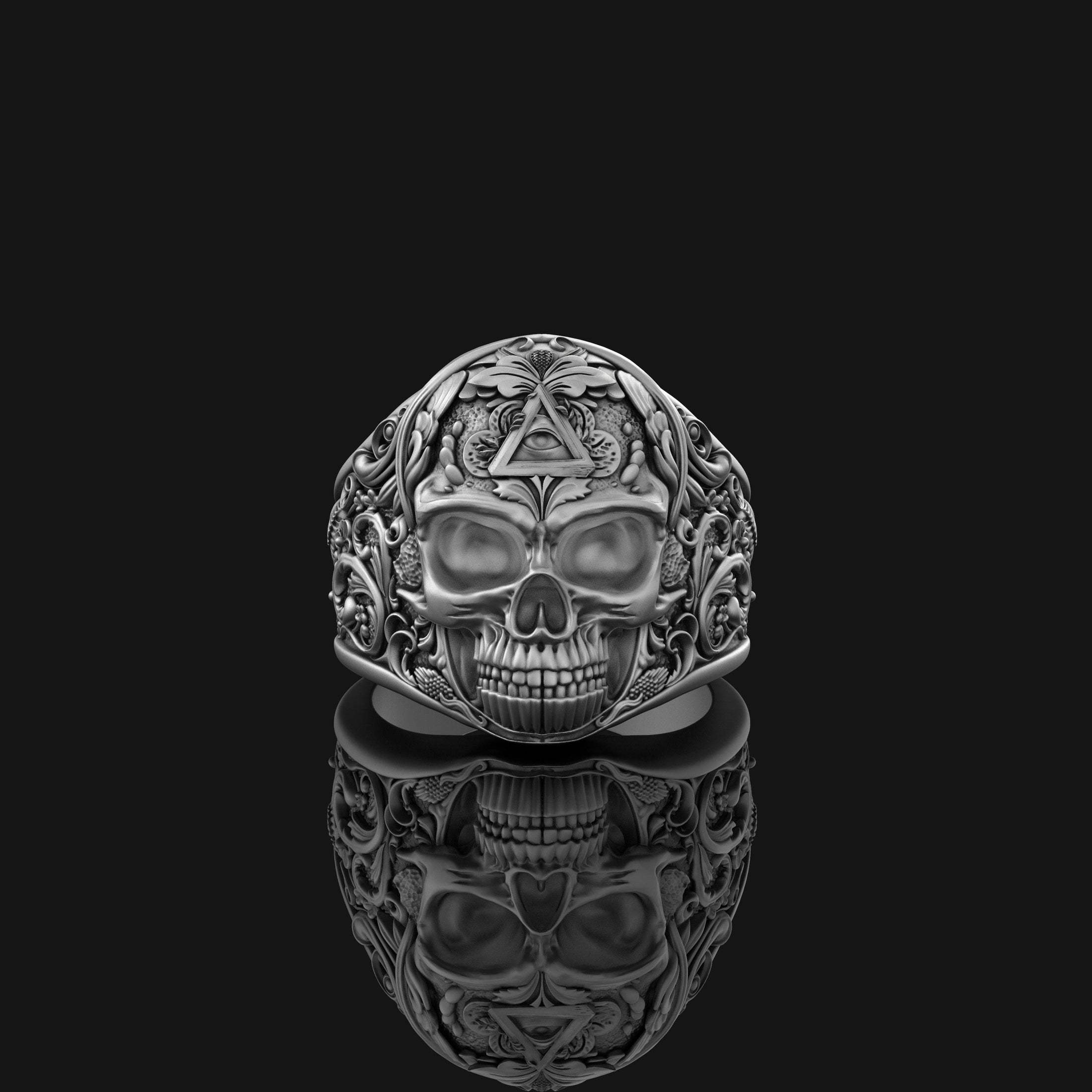 Silver Masonic Skull Ring - Engraved Freemason Jewelry, Gothic Men's Ring, Unique Masonic Gift