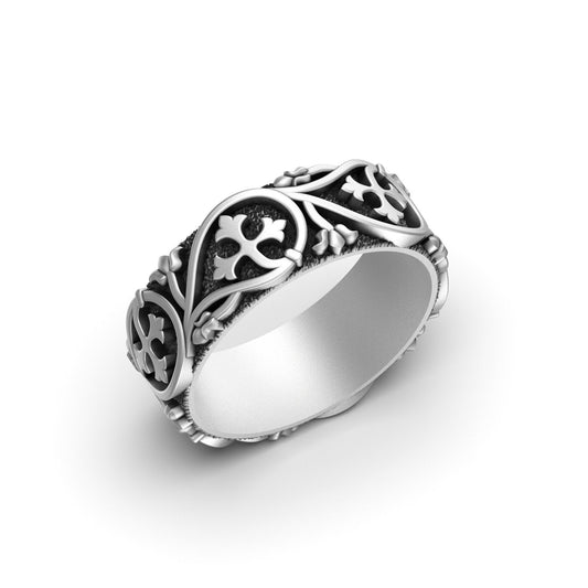 Silver Floral Cross Pattern Band - Elegant Religious Jewelry, Unique Wedding Ring, Faith Symbol, Gift for Her