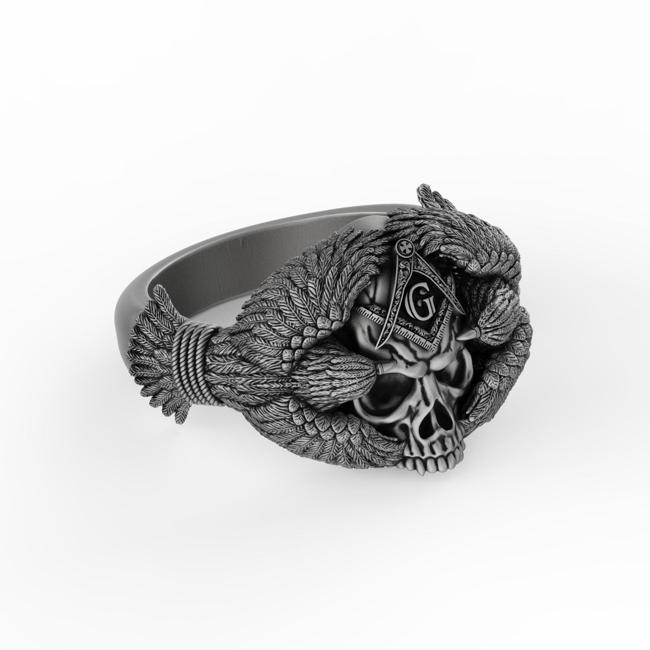 Silver Masonic Skull Ring with Eagles - Freemason Symbolic Jewelry, Bold Skull and Eagle Band, Unique Men's Ring