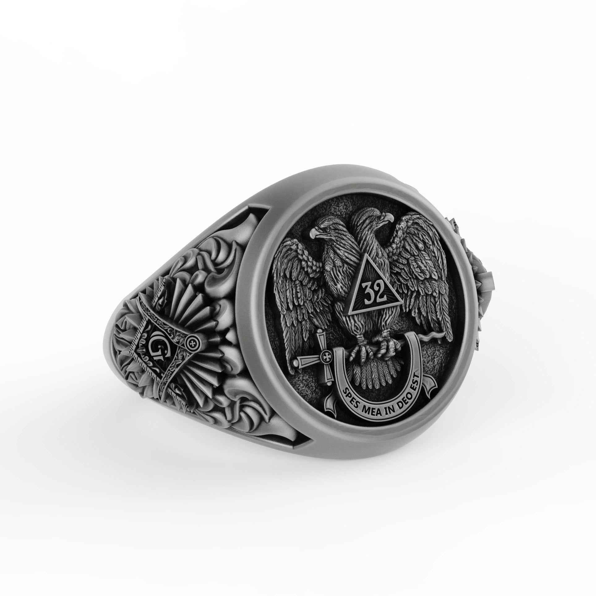 Silver Masonic Ring - 'Spes Mea in Deo Est,' Freemason Jewelry, Religious Masonic Band, Spiritual Gift