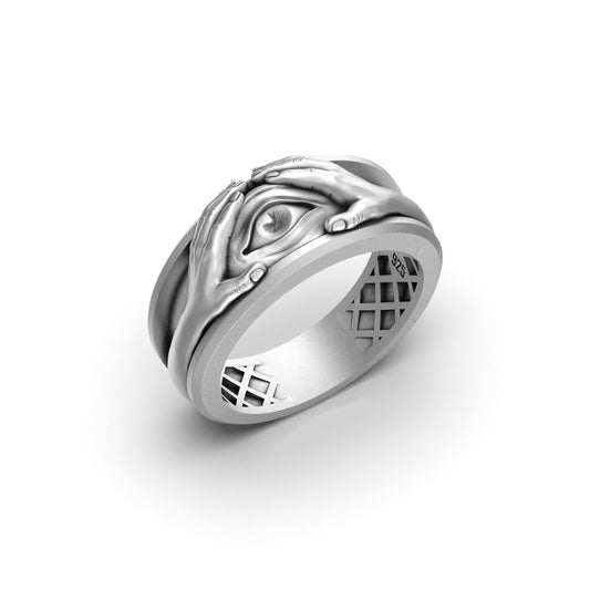 Silver Illuminati Band Ring - New World Order Jewelry, Gothic Men's Ring, Unique Occult Gift, Secret Society Symbol