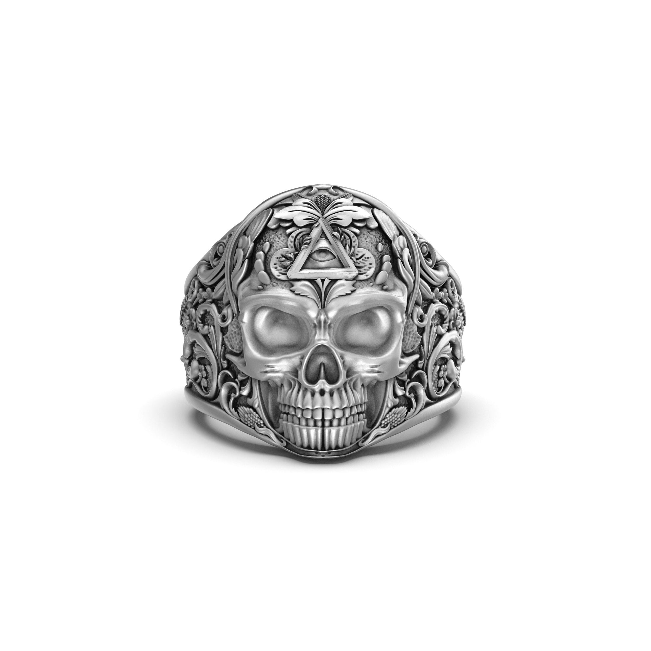 Silver Masonic Skull Ring - Engraved Freemason Jewelry, Gothic Men's Ring, Unique Masonic Gift