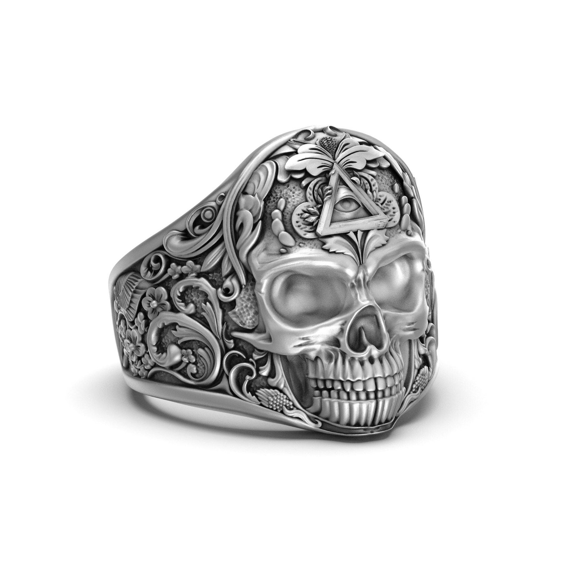 Silver Masonic Skull Ring - Engraved Freemason Jewelry, Gothic Men's Ring, Unique Masonic Gift