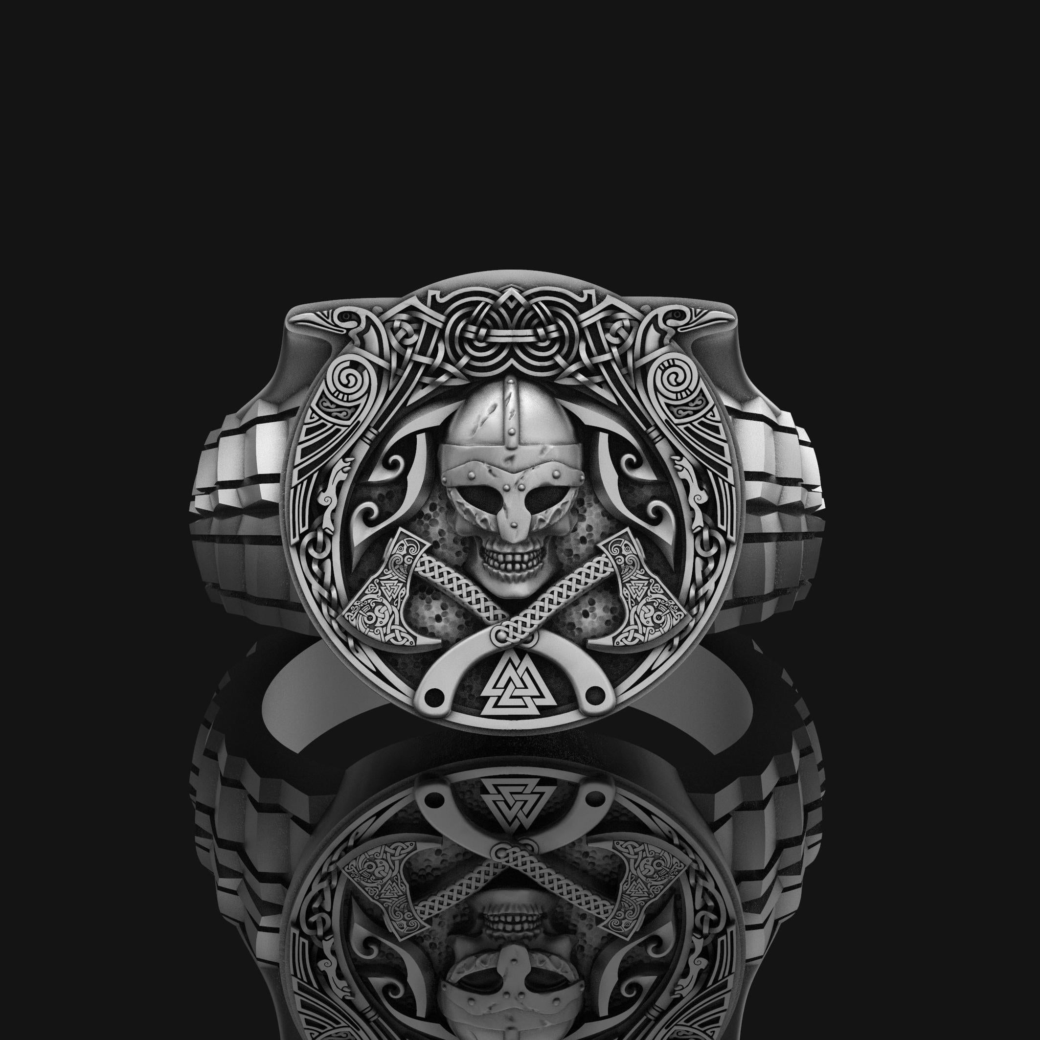 Silver Viking Ring - Axe and Helmet Jewelry, Norse Mythology, Unique Men's Ring, Warrior Symbol Gift