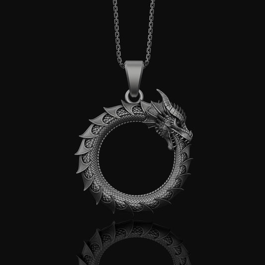 Silver Ouroboros Necklace - Dragon Jewelry, Tail-Devourer Symbol, Cosmic Eternity Birth and Death Gift