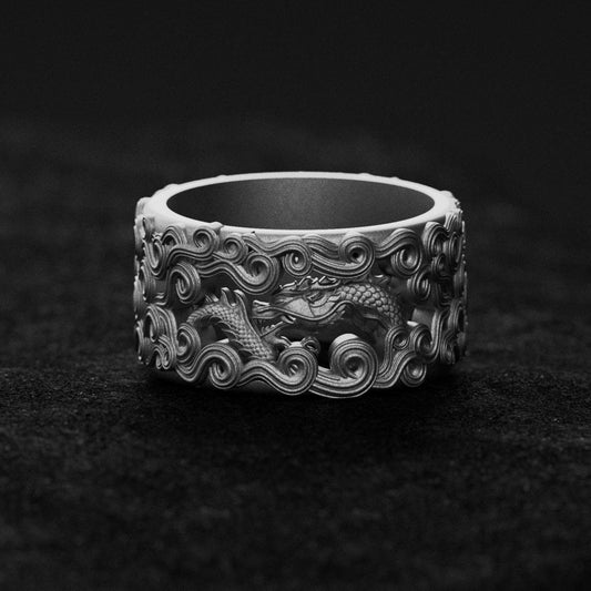 Silver Dragon in Clouds Band Ring - Asian Serpent Dragon Jewelry, Unique Nature-Inspired Ring for Men & Women
