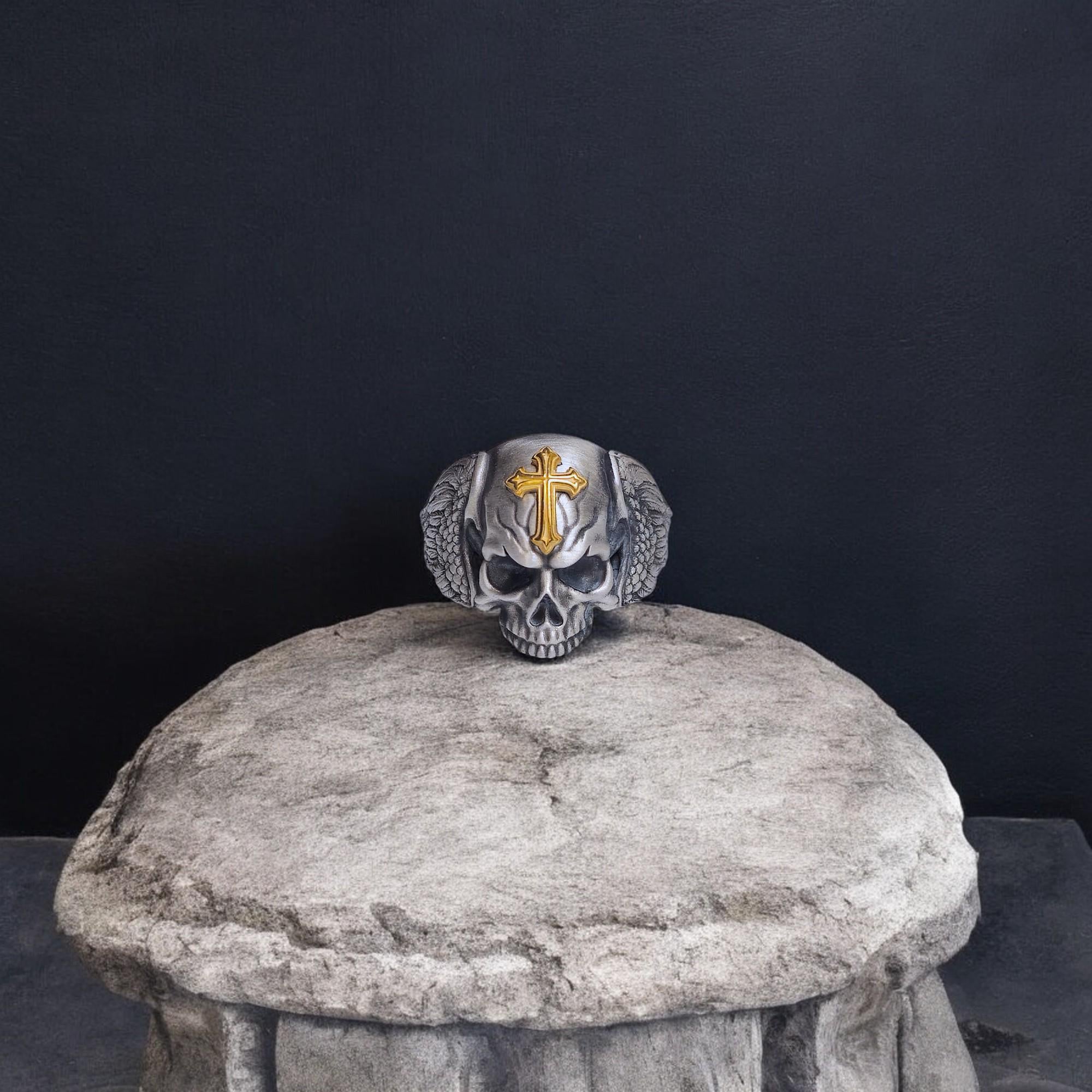 Silver Skull Ring with Cross - Gothic Jewelry, Memento Mori Ring, Unique Gift for Him or Her, Symbolic Gothic Accessory