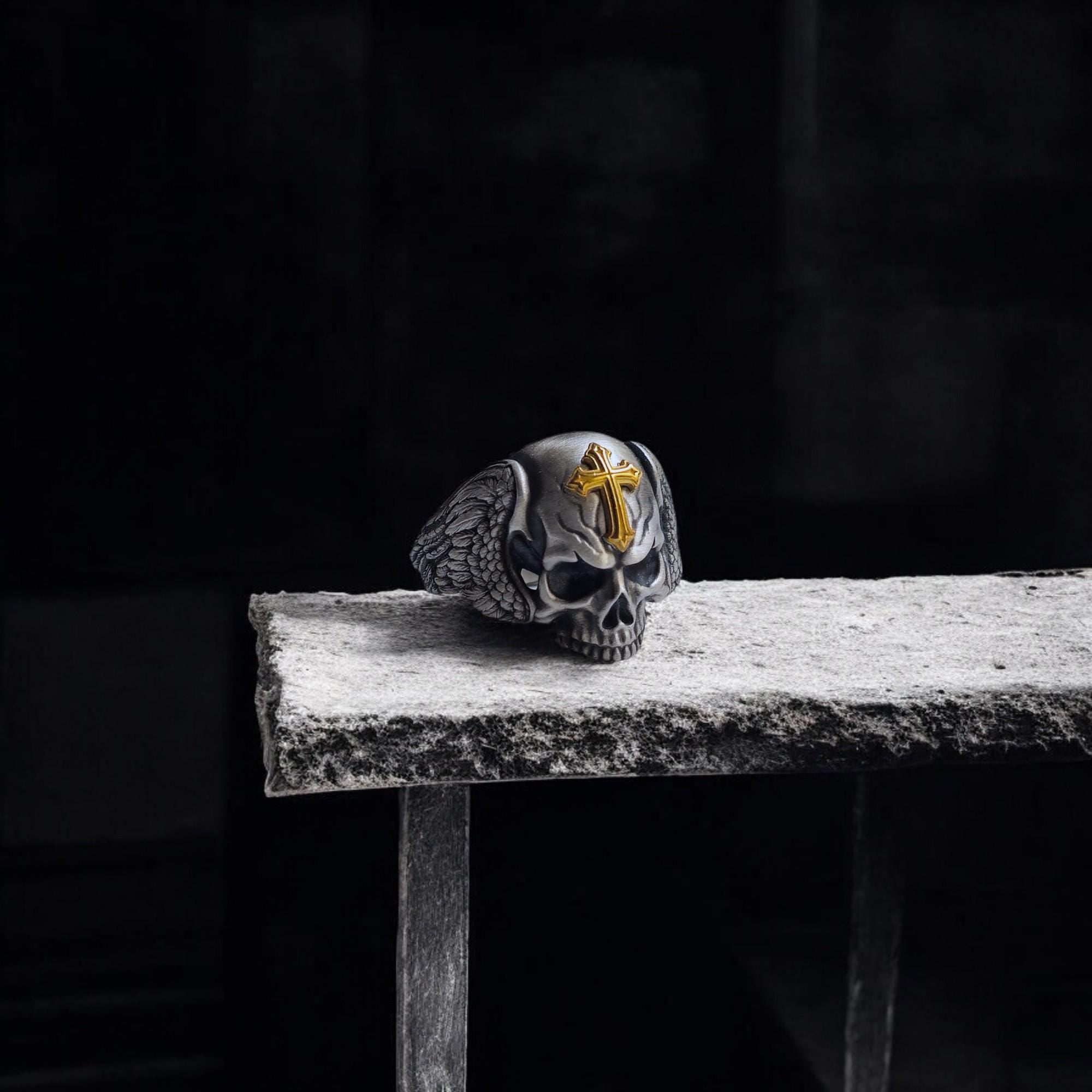 Silver Skull Ring with Cross - Gothic Jewelry, Memento Mori Ring, Unique Gift for Him or Her, Symbolic Gothic Accessory