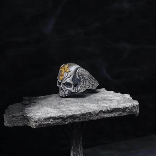 Silver Skull Ring with Cross - Gothic Jewelry, Memento Mori Ring, Unique Gift for Him or Her, Symbolic Gothic Accessory