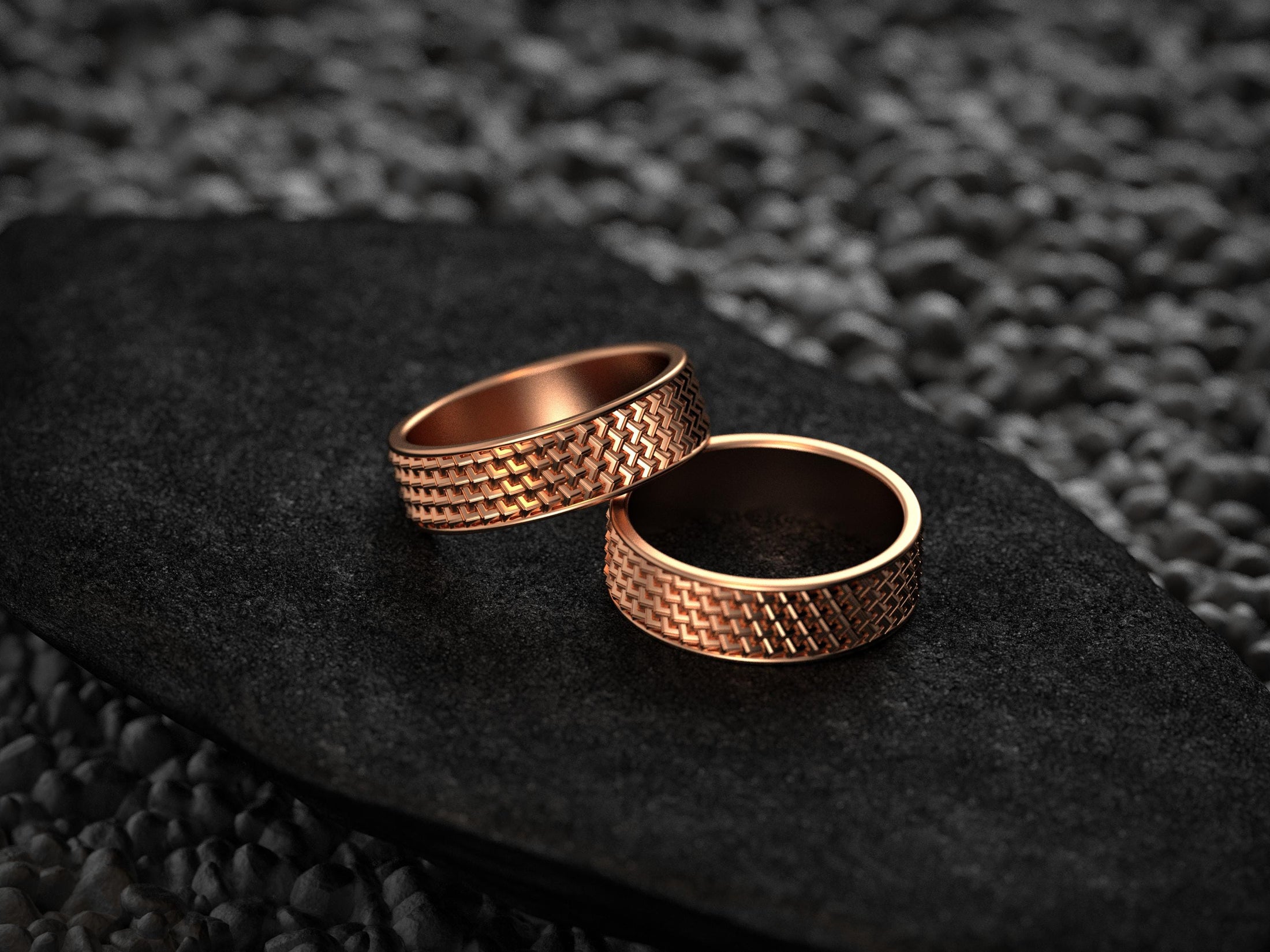 Rose gold unisex rings with bold structured surface and comfort interior