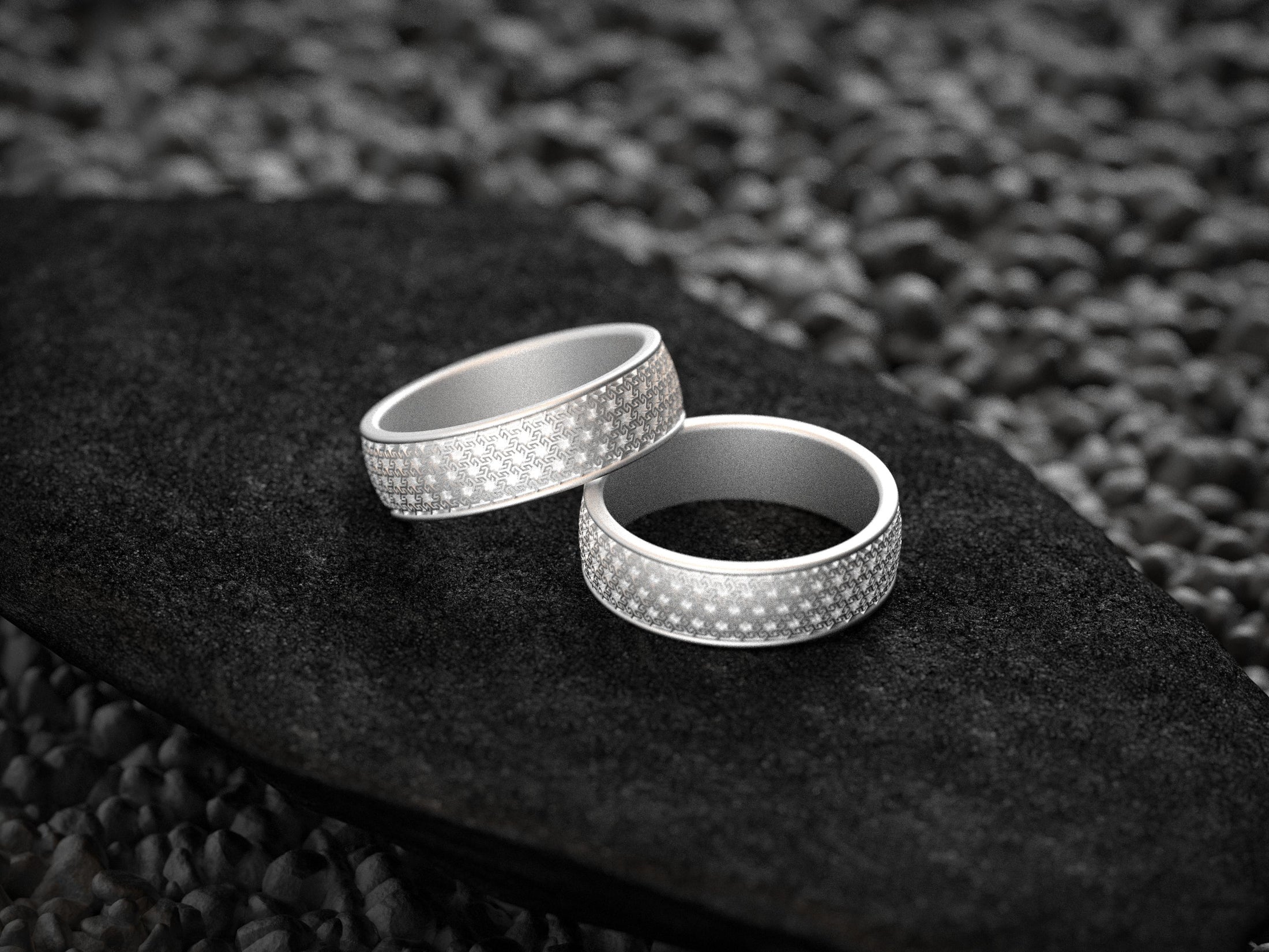 Bright silver matching Greek wedding rings for couples