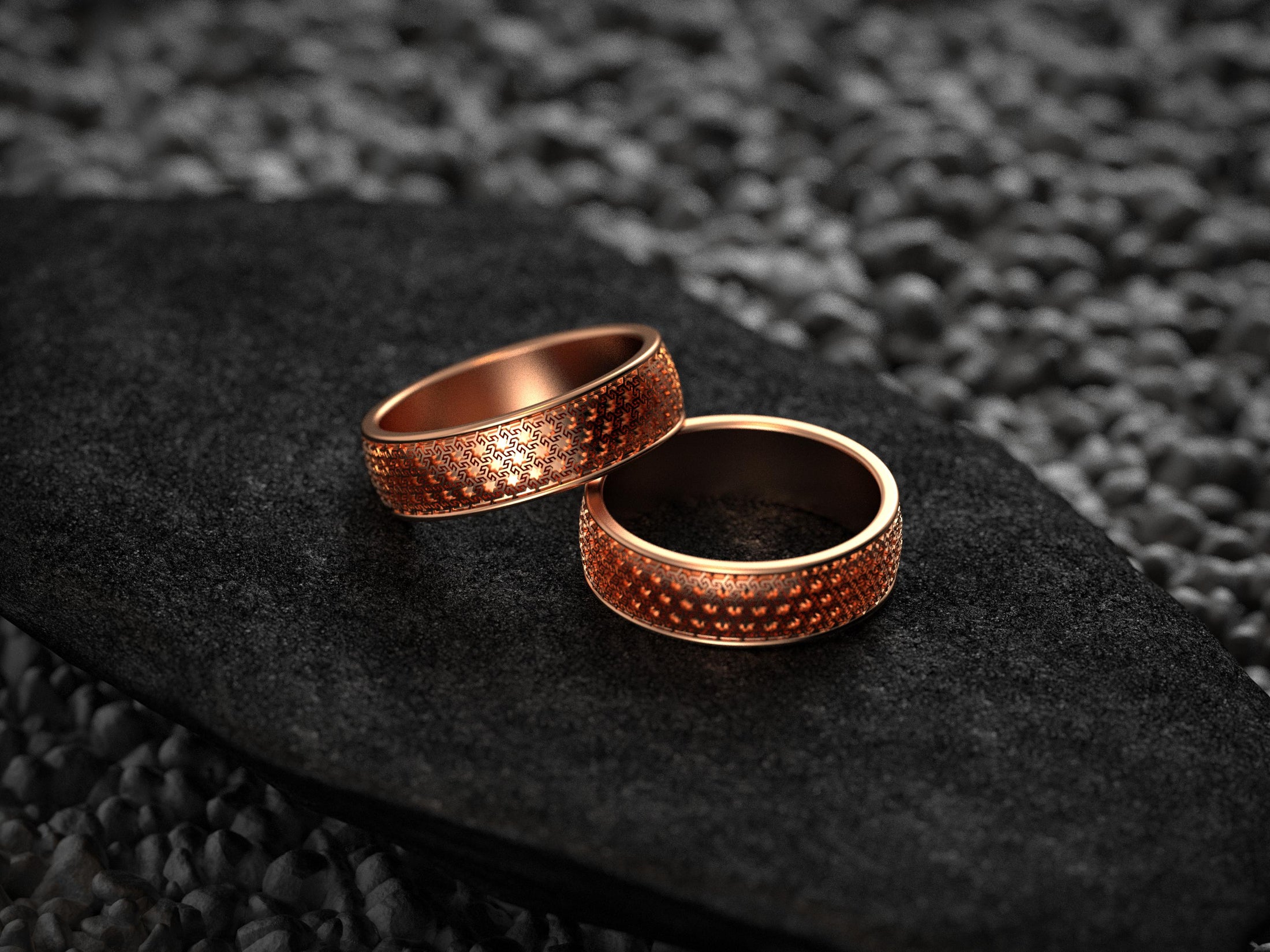 Rose gold wedding bands with continuous Greek key engraving