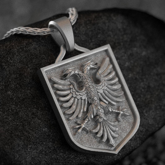 Oxidized silver Albanian eagle pendant with detailed double-headed design,