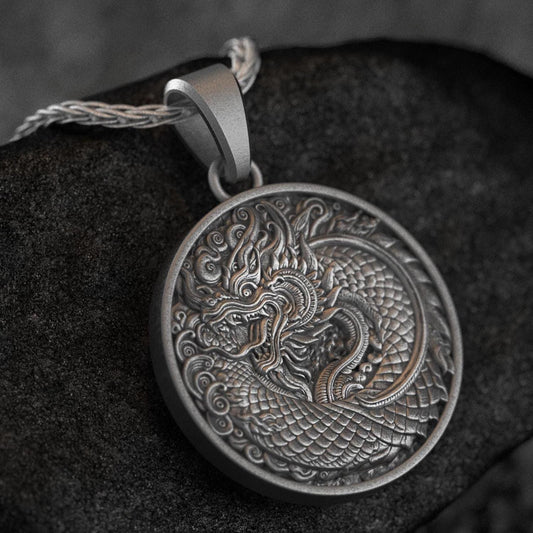 Oriental Dragon Medallion – 925 Silver Mythical Beast Necklace – Chinese Eastern Dragon Amulet Pendant
