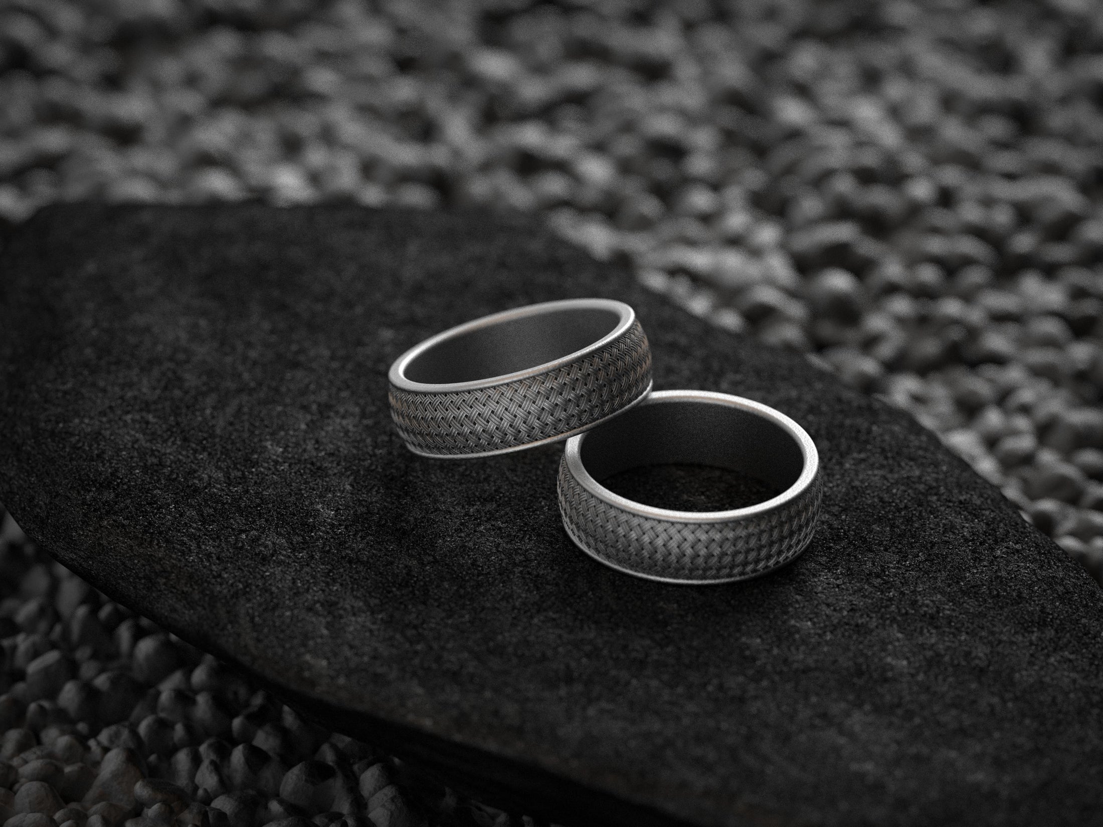 Textured silver band with weave design,