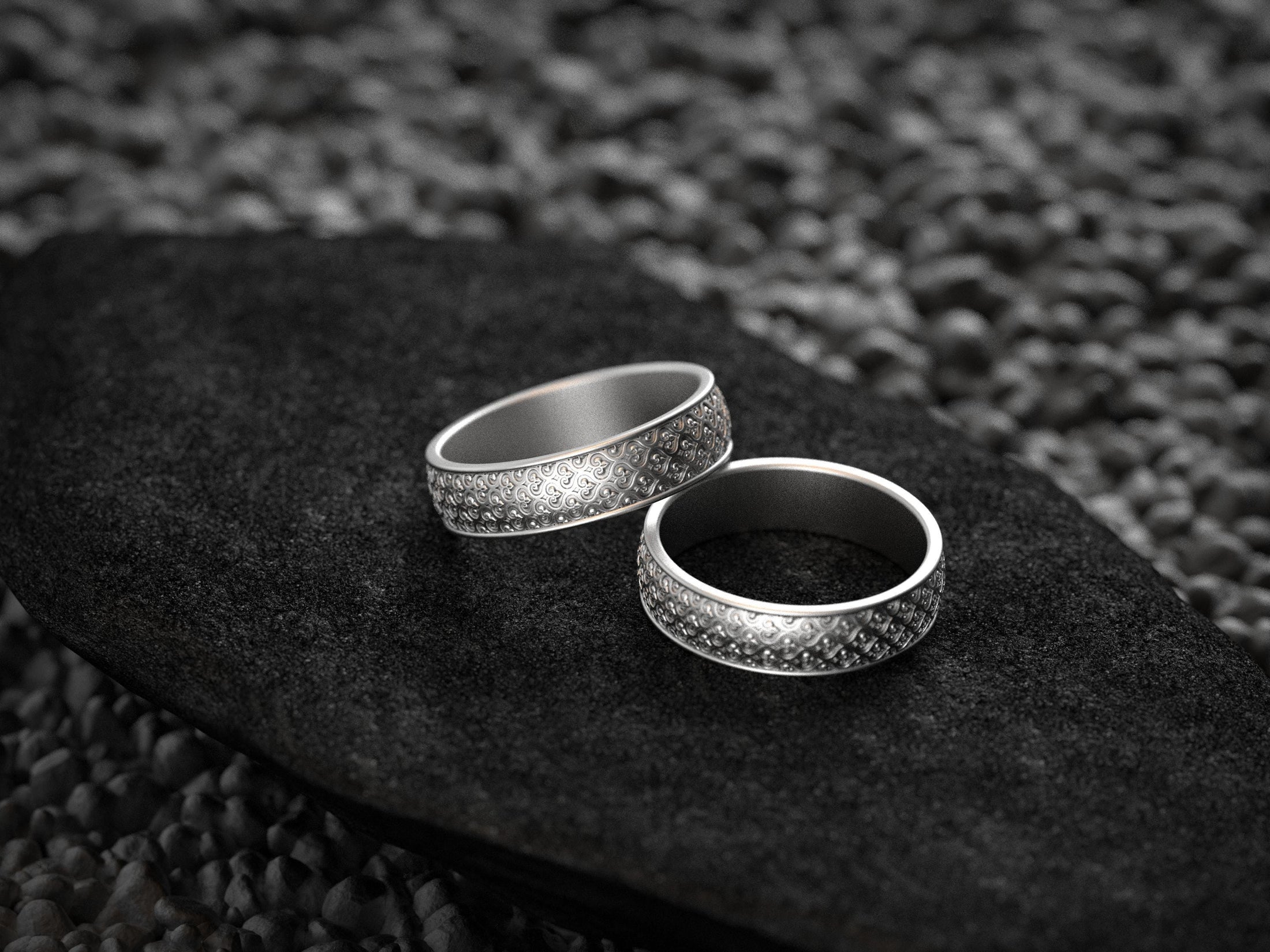 Bright white gold braided floral bands, ideal for custom engraving