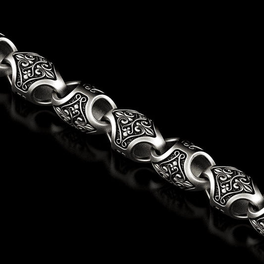 Oxidized silver ornate pattern chain necklace close-up