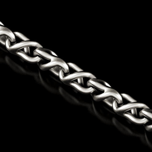 Close-up of oxidized triangle link chain necklace