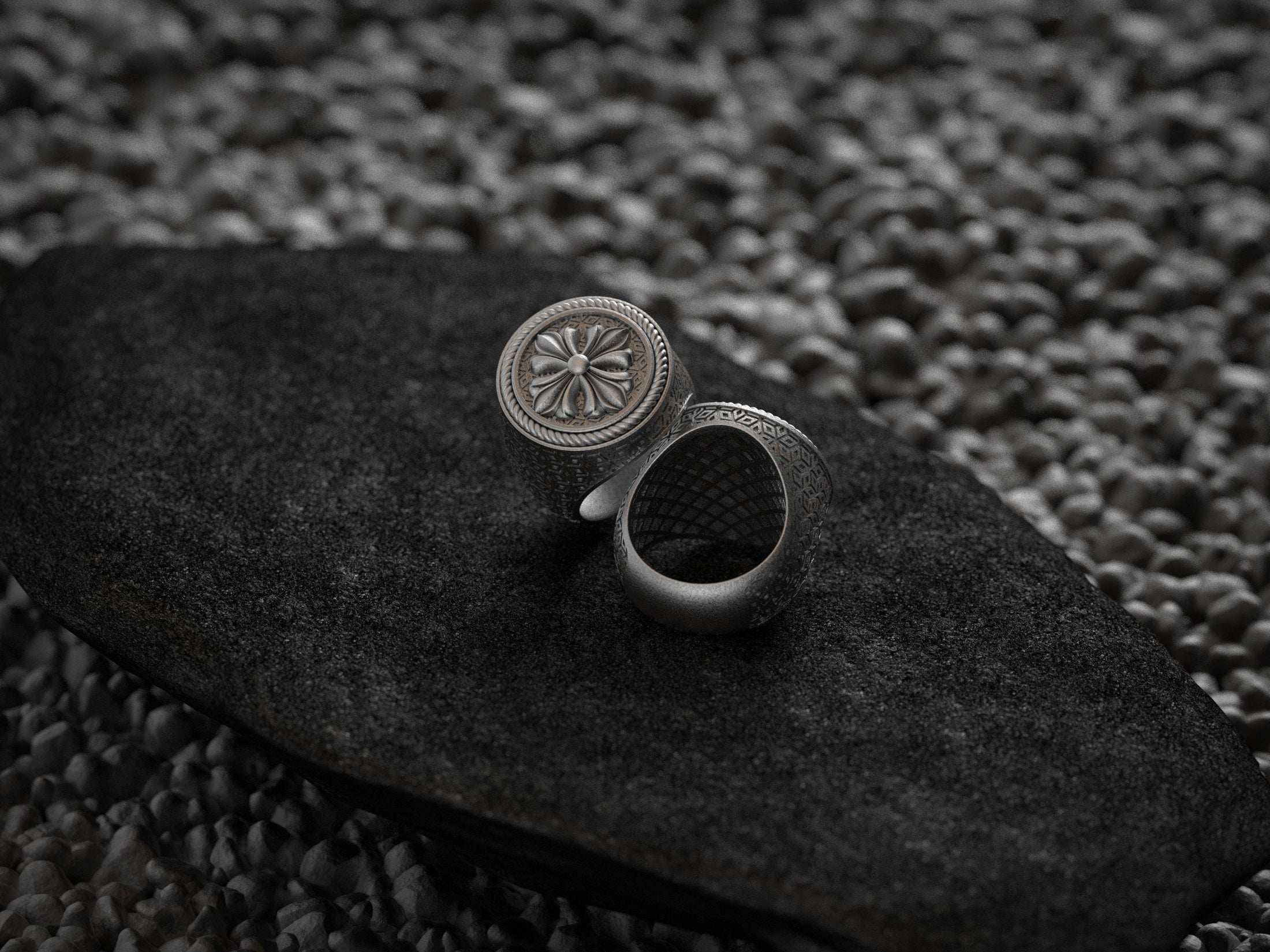 Vintage-style shield signet ring shown from top view,