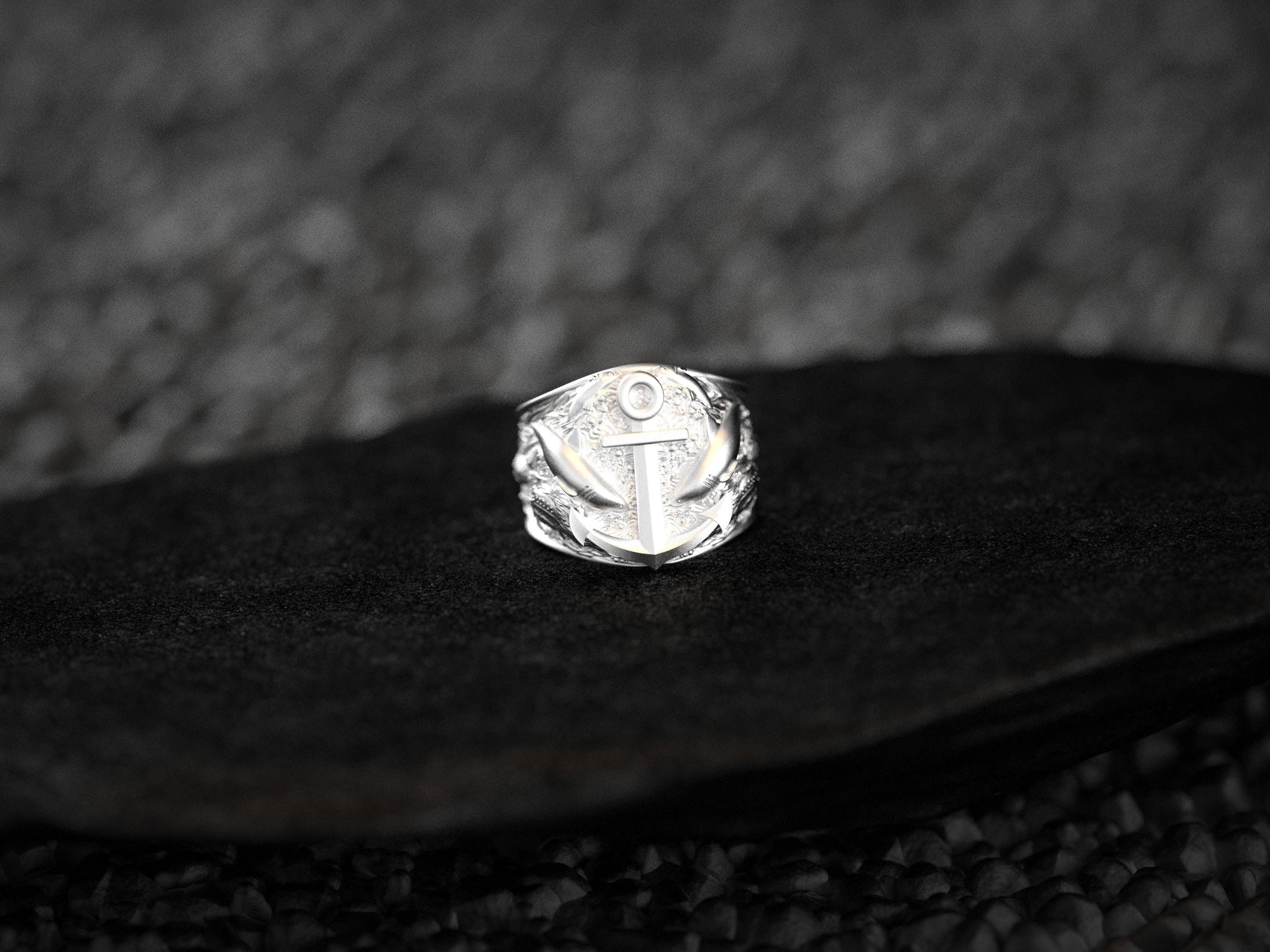 Anchor & Sharks Sterling Silver Signet Ring – Nautical Marine Jewelry Unisex Ocean Talisman Ring