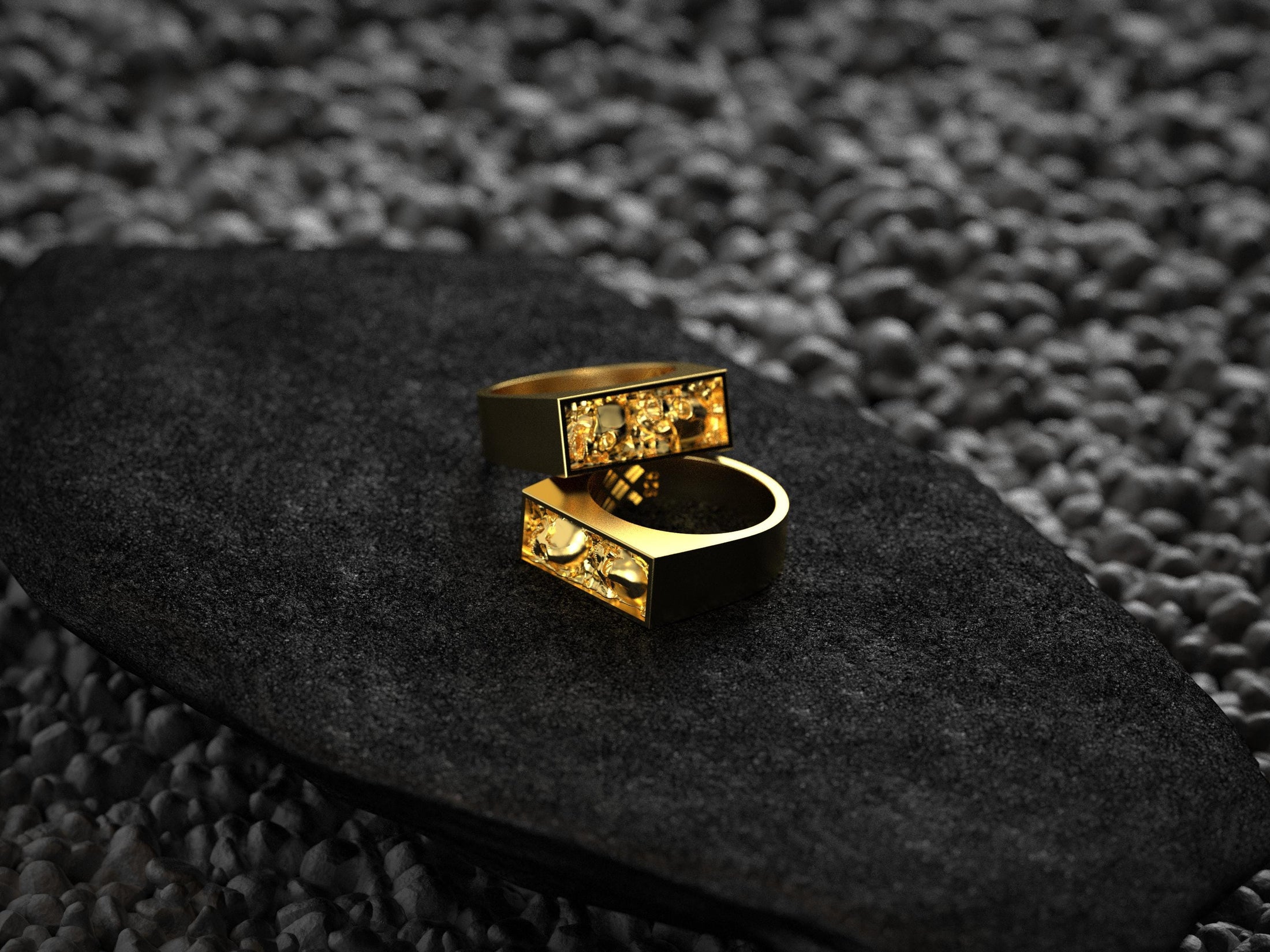 Angled shot of the yellow gold–plated ring, illustrating its warm metallic sheen and Gothic bar face.