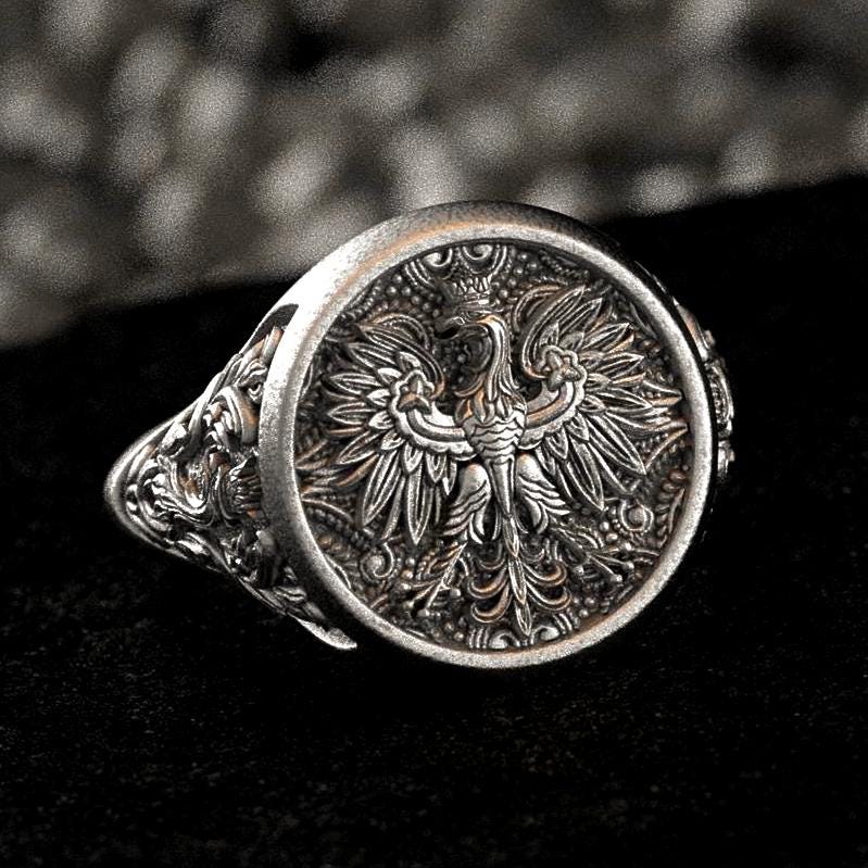 Oxidized Silver Eagle Signet Ring on black velvet background