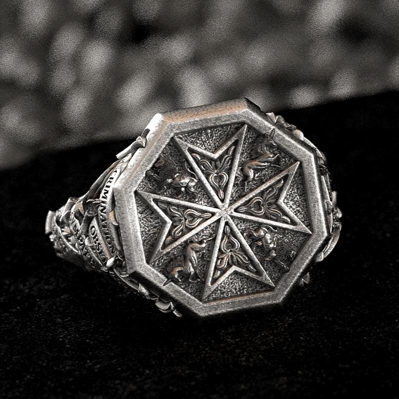 Oxidized Finish Maltese Cross Signet Ring on black background