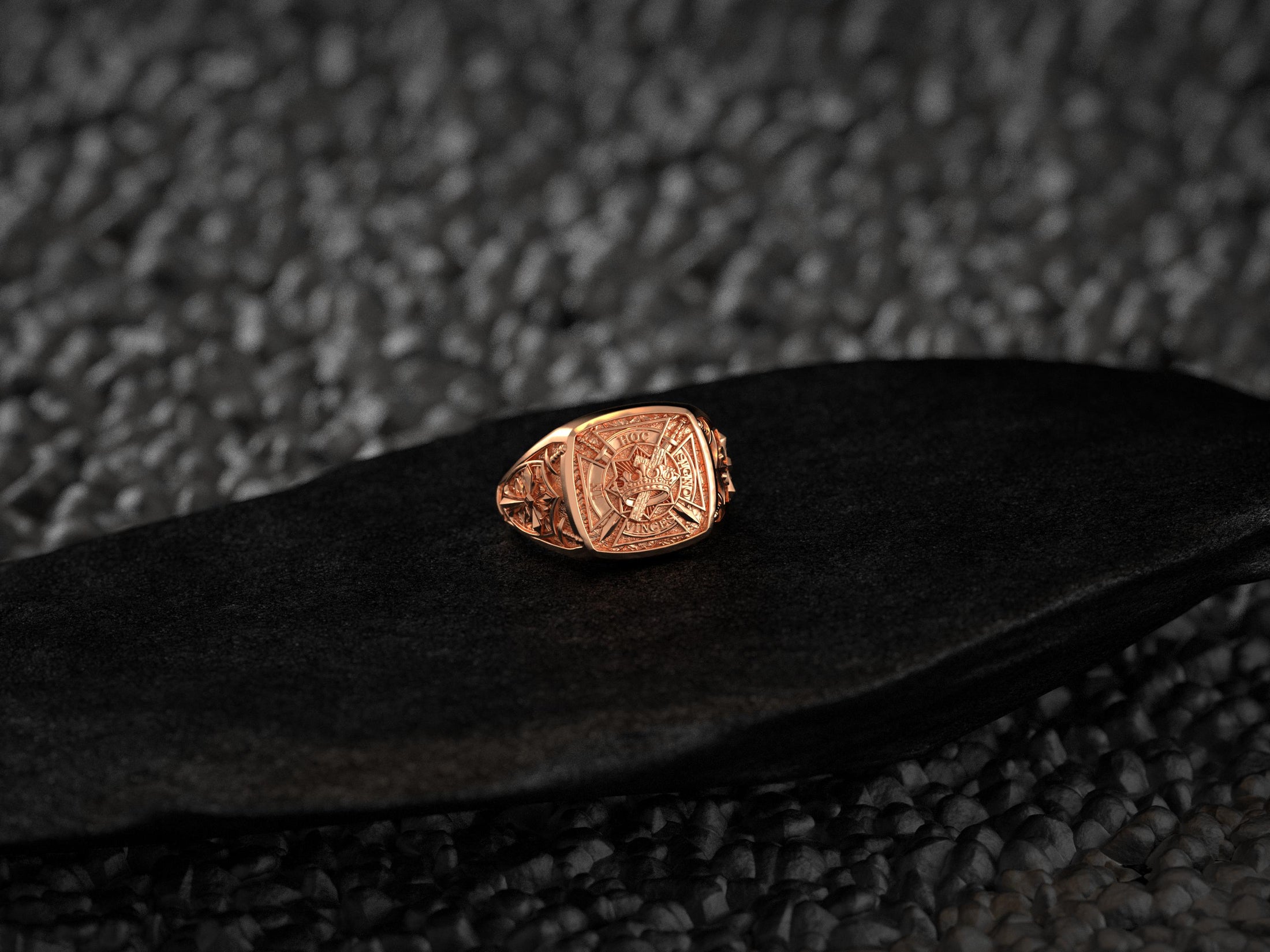 Rose gold plated In Hoc Signo Ring with symbolic elements