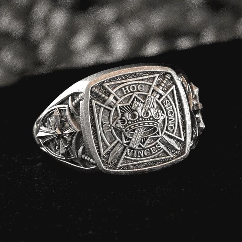 Oxidized Sterling Silver Templar Ring with “In Hoc Signo Vinces” engraving