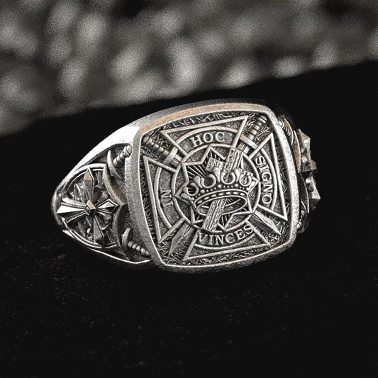 Oxidized Sterling Silver Templar Ring with “In Hoc Signo Vinces” engraving