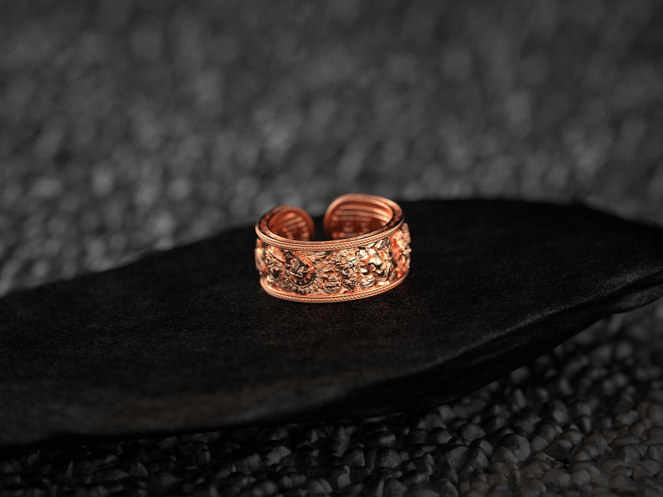Rose gold Greek mythology ring with classical motifs