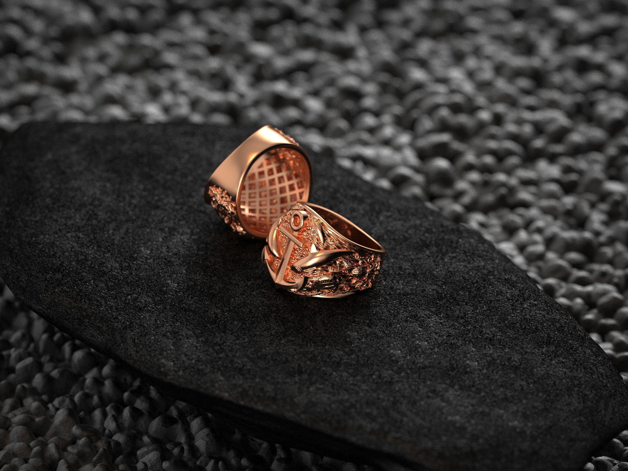 Interior view of rose-gold anchor signet ring band.