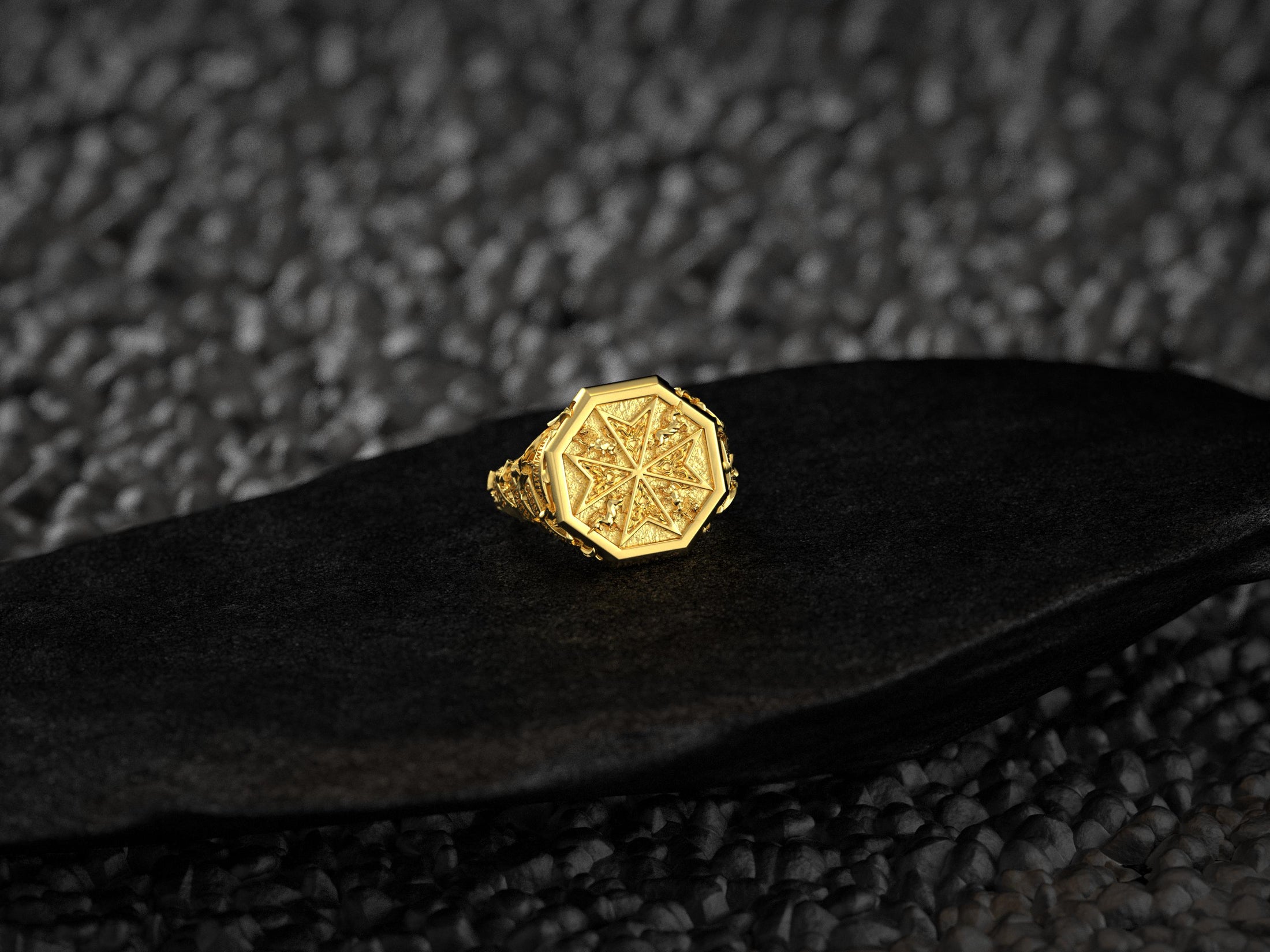 Gold plated Maltese Cross Ring highlighting symbolic star arms