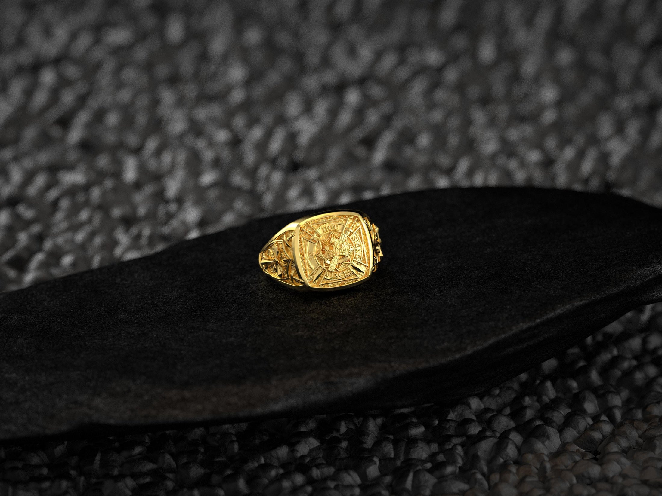 Gold plated Templar Ring highlighting crown and sword detailing