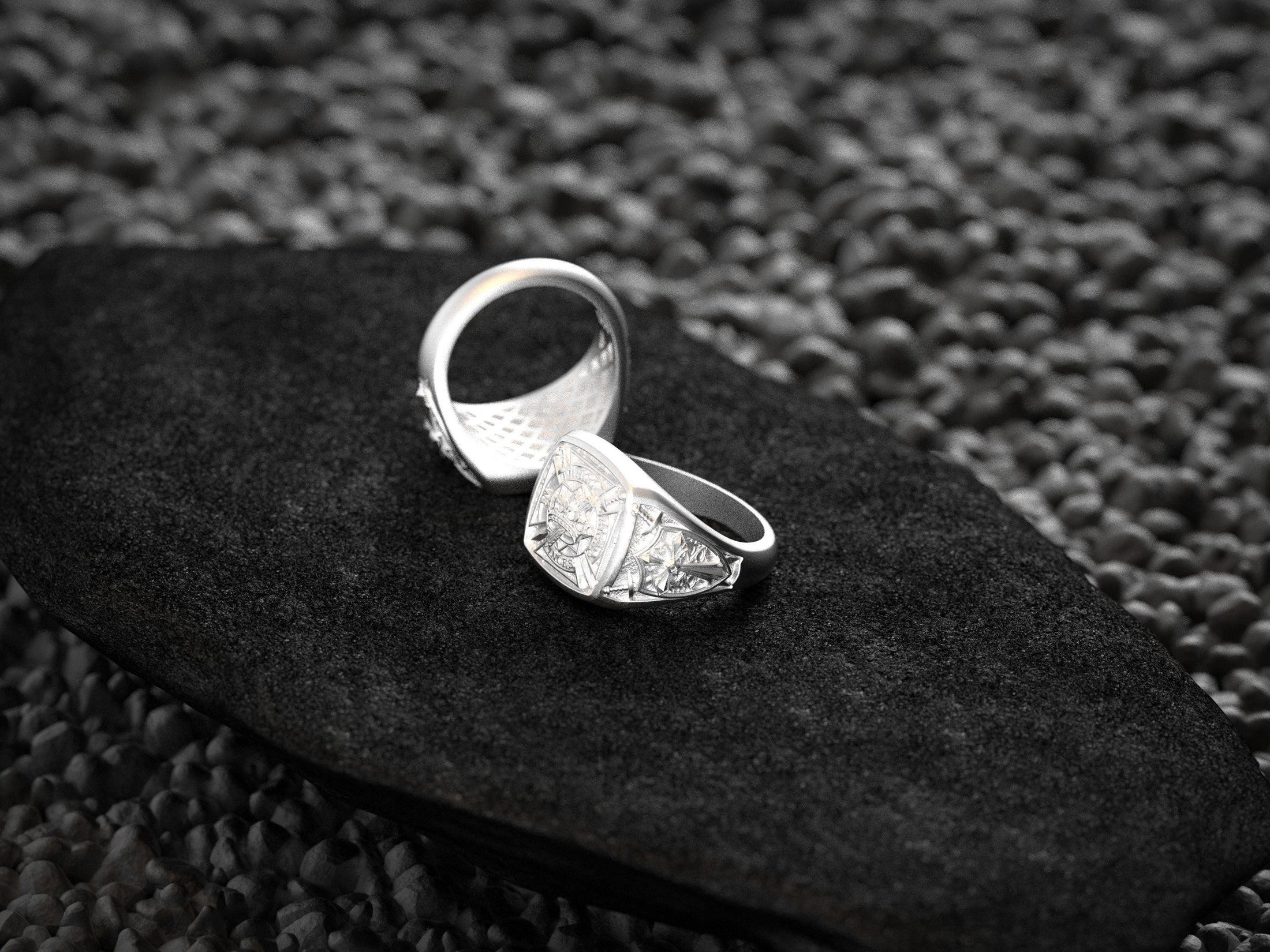 Rhodium plated Crusader Shield Ring with oxidized antique finish