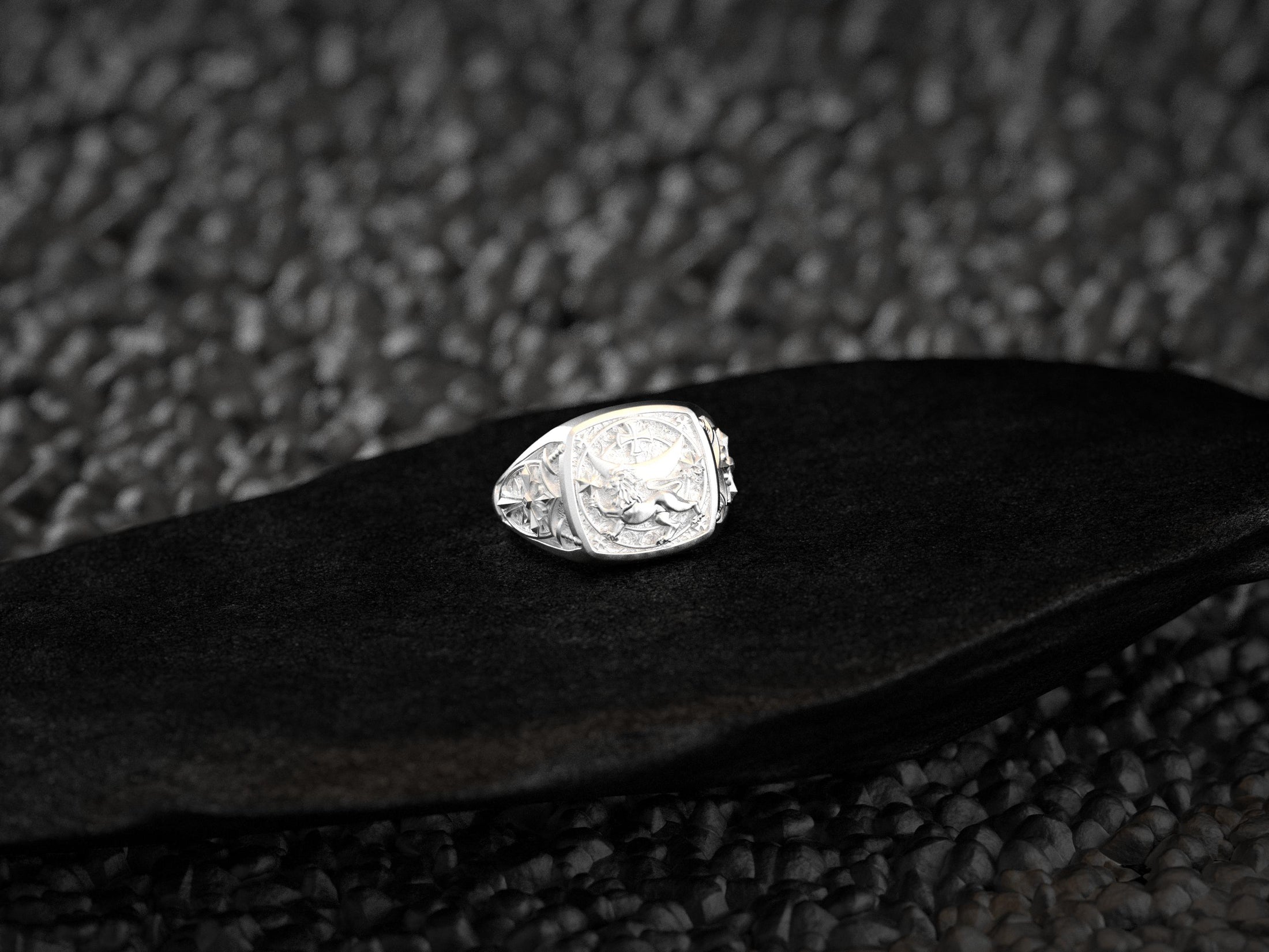 Rhodium plated Lion Seal Ring with oxidized antique finish